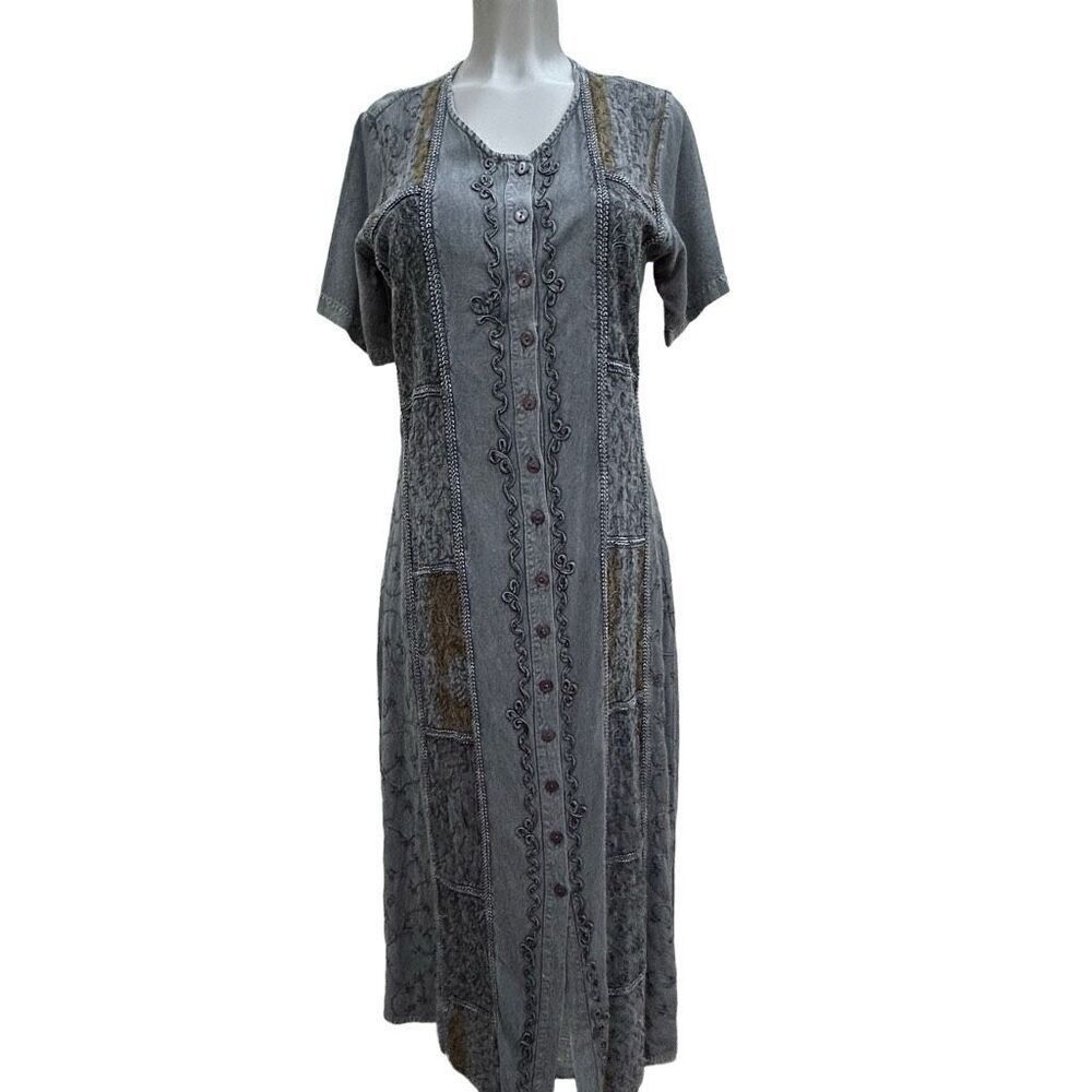 Lola P Boho Midi Dress Women's Small Gray Button Front Embroidered Bric a Brac